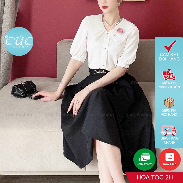 Áo sơ mi nữ CÚC FASHION somi tay ngắn cao cấp vải lụa đẹp thời trang công sở dễ thương trắng đi học cổ nhọn 2 lớp A1073