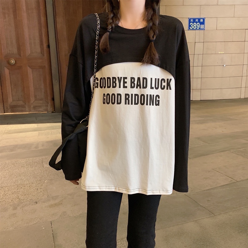 【ZHELIHANGFEI】Áo Thun Dài Tay Giả Hai Lớp In Chữ Phong Cách Preppy