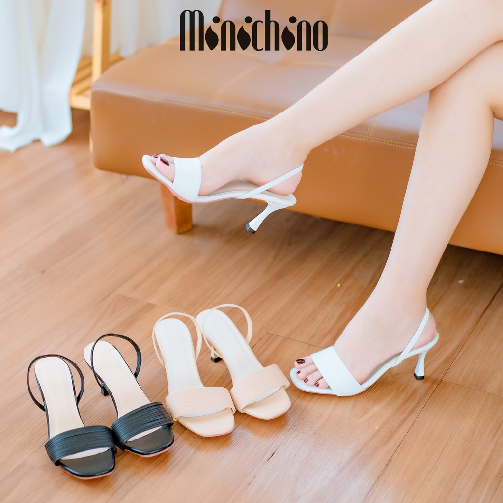 Giày sandal nữ quai mảnh gót cao 7p MINICHINO chất da mờ lì mũi tròn gót nhọn hở gót màu nude TC009