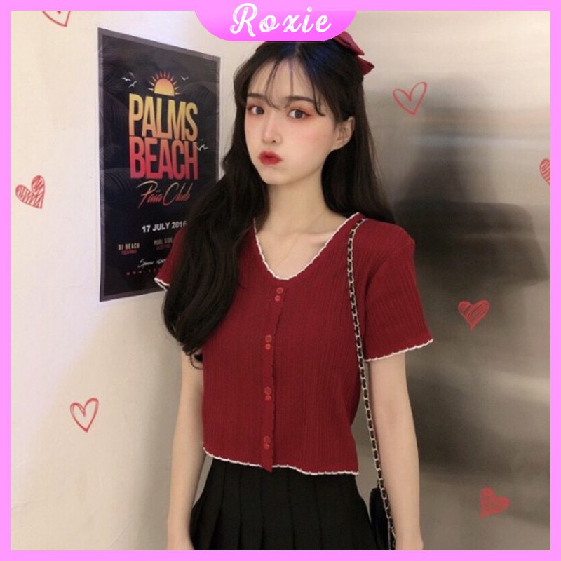 Áo len tăm croptop ngắn tay cổ tim dệt kim phong cách ulzzang Hàn Quốc - Roxie