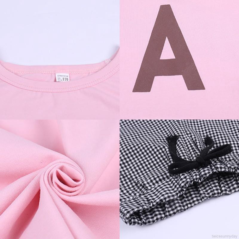 Set áo thun ngắn tay in chữ + Quần short caro cho bé gái