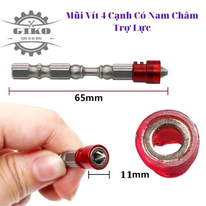 Đầu bắn vít nam châm 4 cạnh PH2 có nhẫn từ tính, thép s2 dài 65mm, chuôi lục giác 6,35 [GiKo02]
