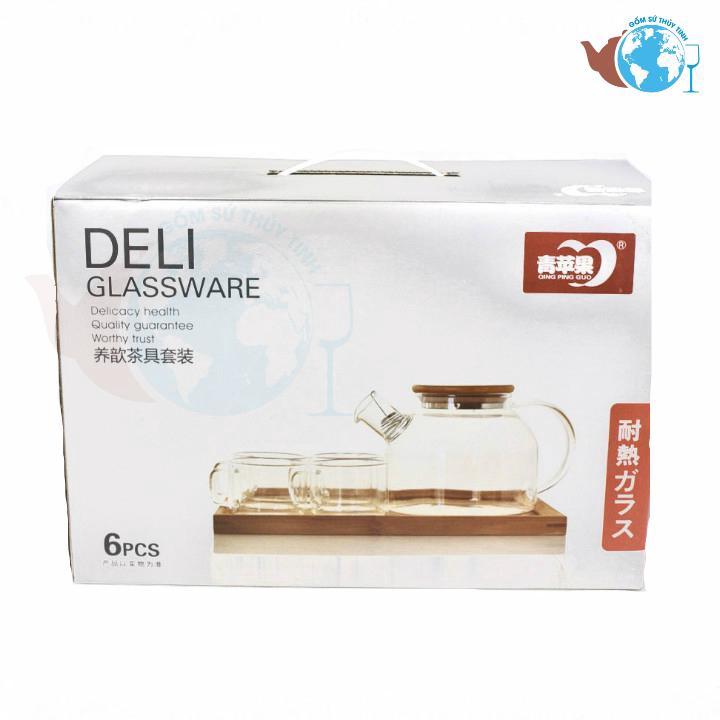 Bộ ấm trà và 4 ly thủy tinh chịu nhiệt cao kèm khay gỗ- Bộ ấm trà 4 ly thủy tinh cao cấp - GPH20/L6