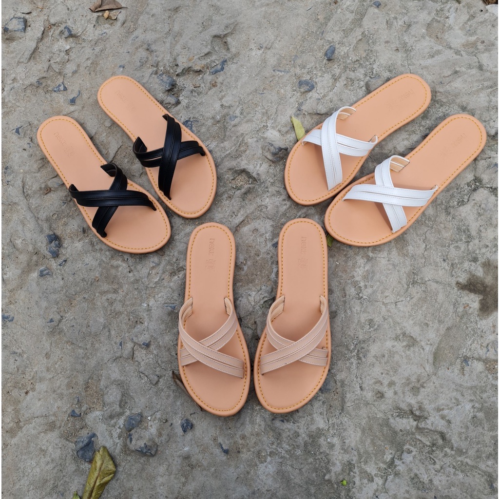 Dép chéo quai mảnh NALLDOS chất liệu da, đế thấp TPR nhẹ chống trượt 3 màu thời trang