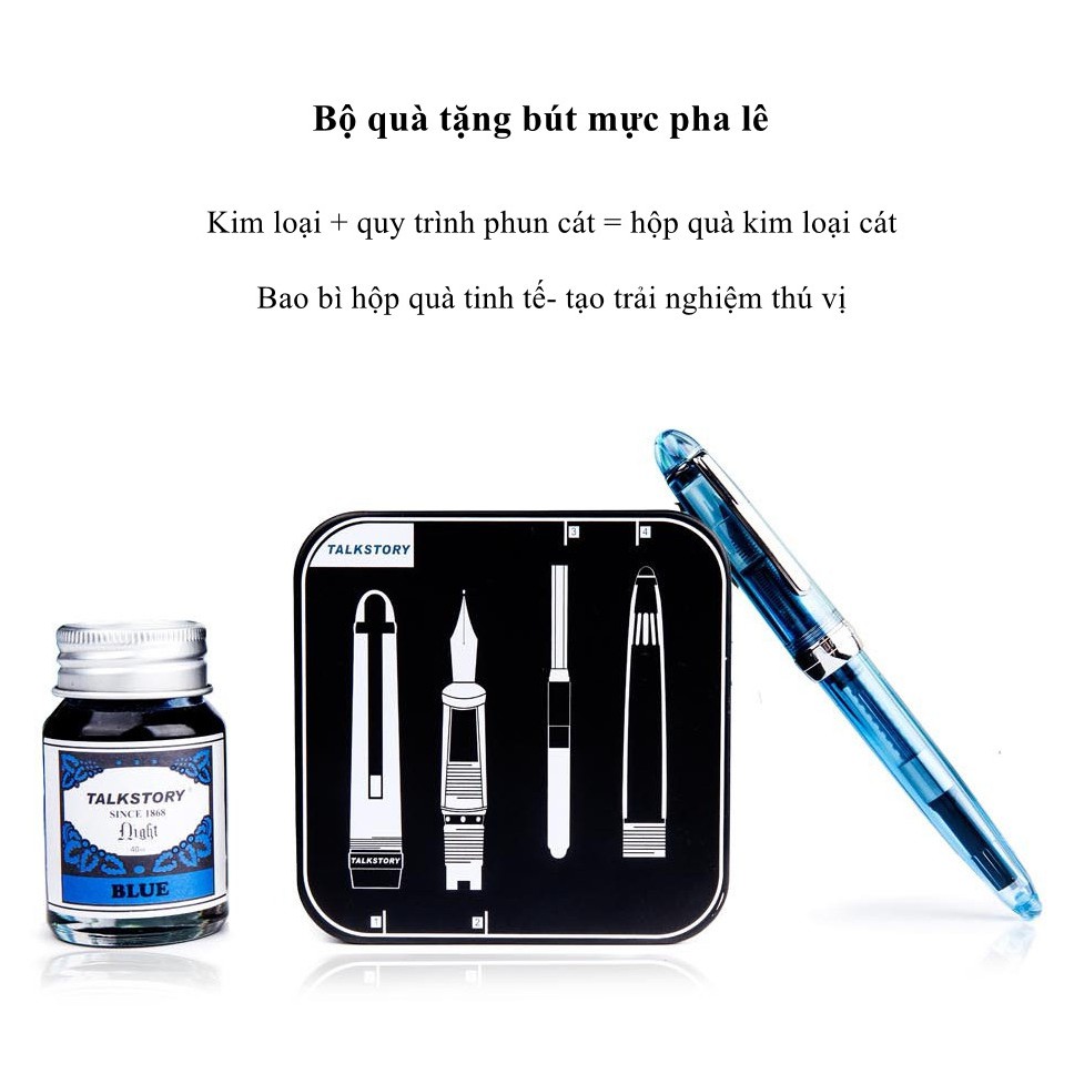 Bộ quà tặng bút máy pha lê kèm mực Talkstory Đức, gồm bút máy, ống hút mực, hũ mực 40ml, hộp đựng bút.