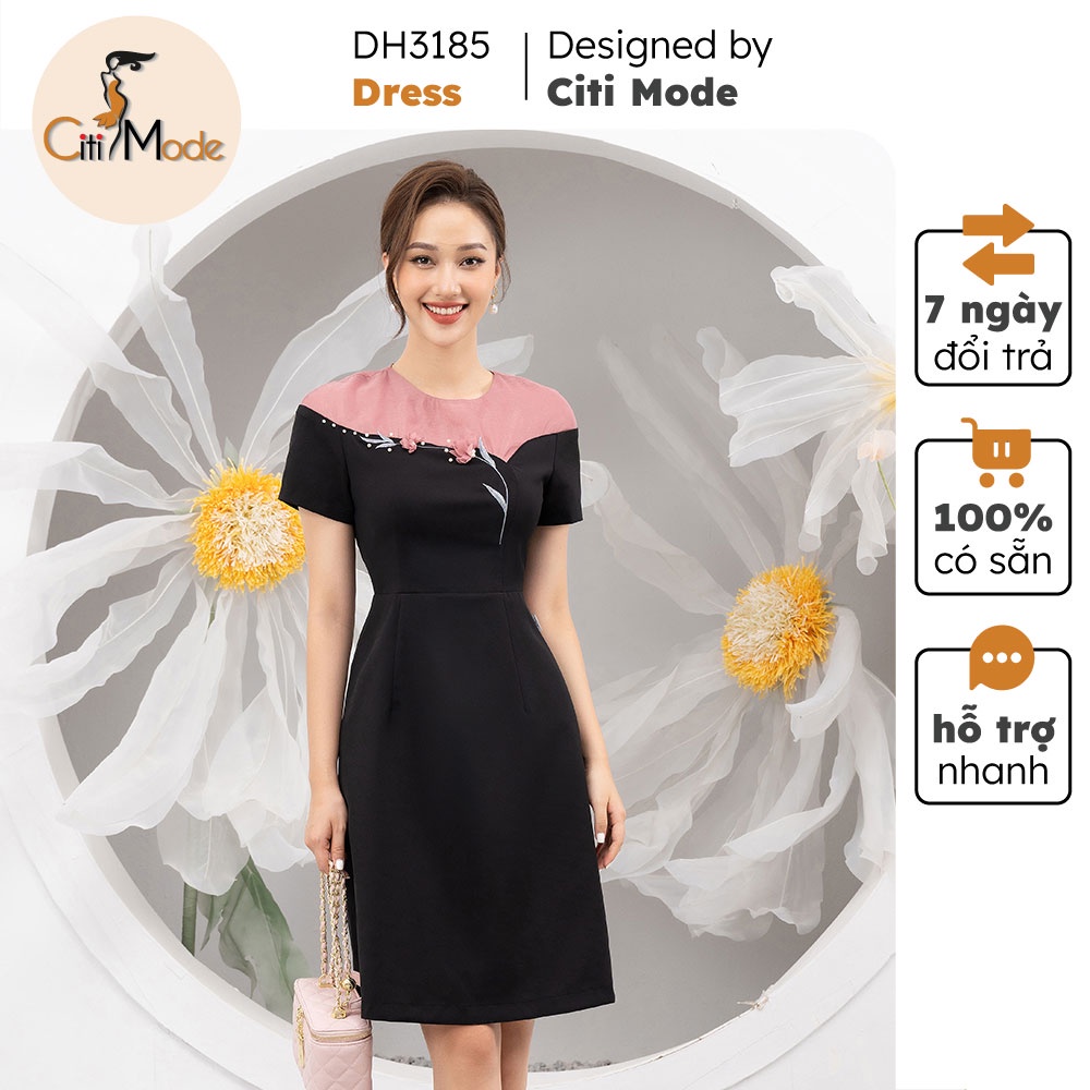 Đầm xòe nữ màu đen dáng A CITI MODE phối hoa thêu ngực cao cấp DH3185