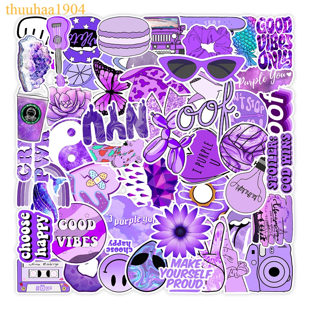 50 Sticker MÀU TÍM TƯƠI chống nước sticker dán laptop, điện thoại, đàn guitar, mũ bảo hiểm, vali không trùng nhau