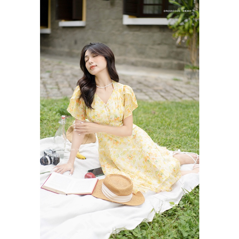 ĐẦM Hoa Vàng Vải Tơ Tằm Ánh Kim Tôn Dáng Tay Cánh Tiên BEM Studio