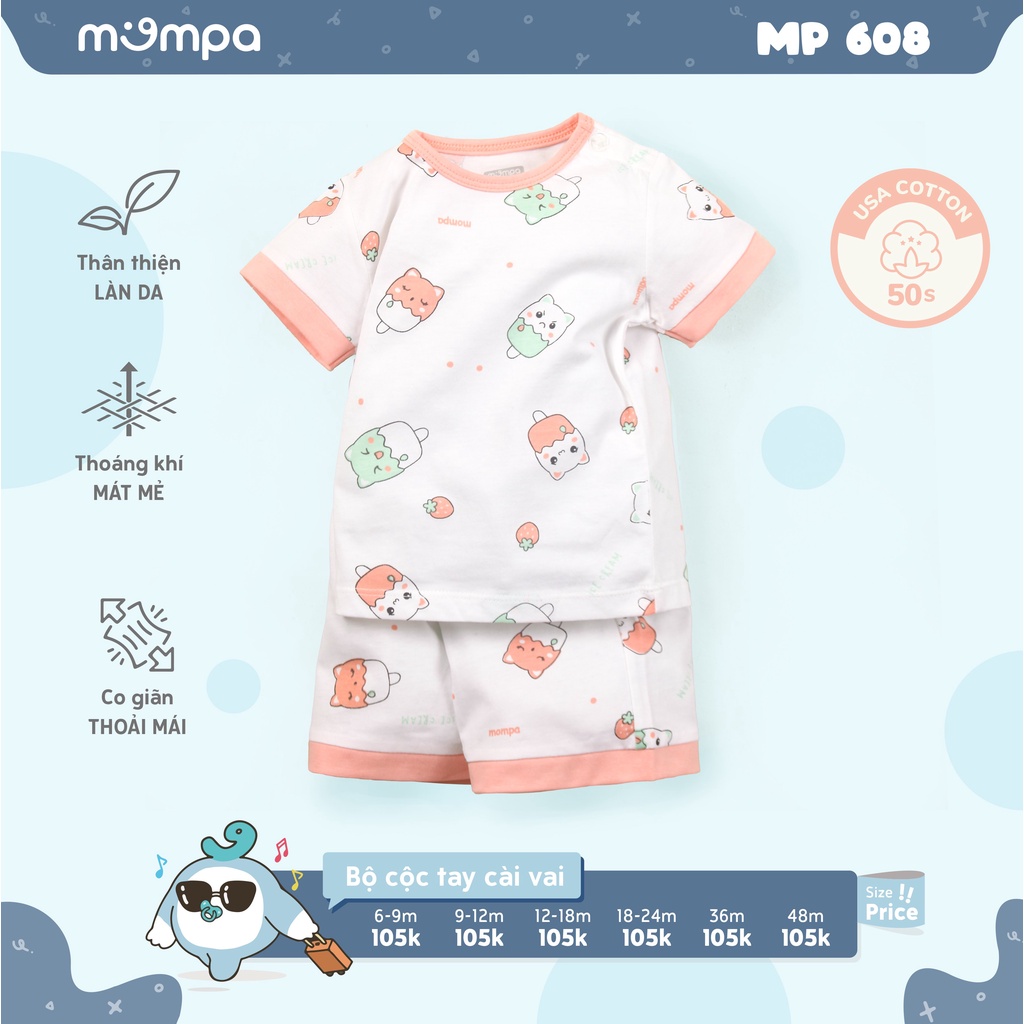 Bộ quần áo cộc tay hè Mompa 6 tháng - 4 tuổi vải cotton thoáng mát thấm hút cổ tròn cúc cổ 608