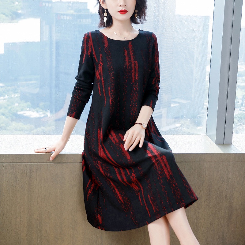 Đầm chất mỏng tay dài cổ tròn dáng rộng thời trang mùa thu có size M-6XL cho nữ trung niên