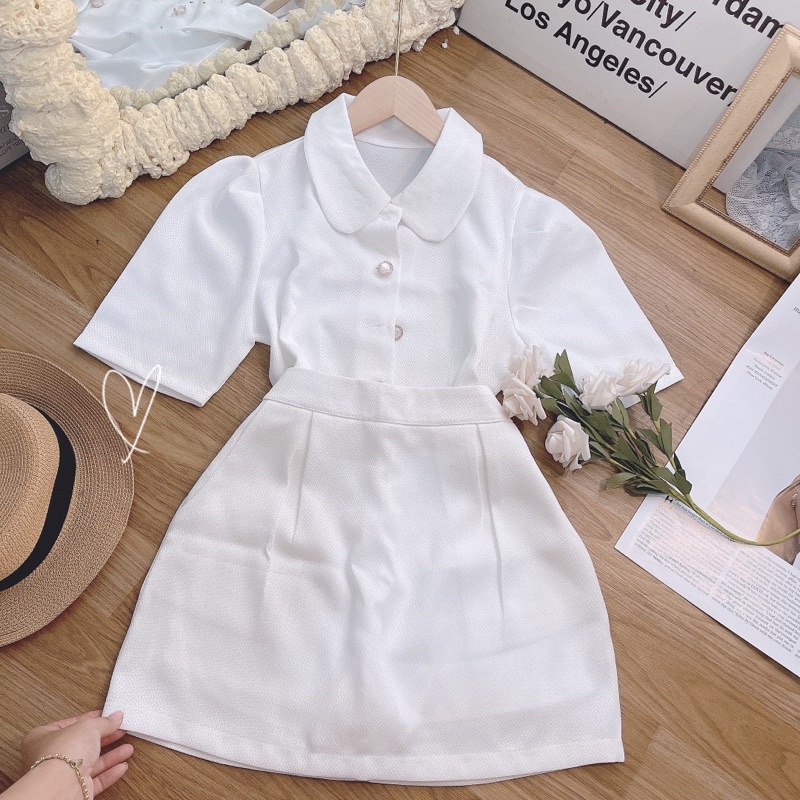 SET DẠ ÁO CỔ SEN TAY NGẮN + CHÂN VÁY A