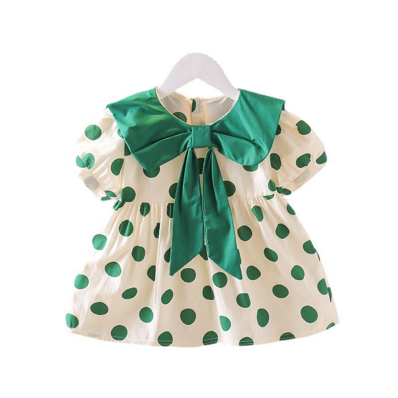 Váy bé gái chấm bi nơ cổ to 2 mầu xanh vàng XHN982