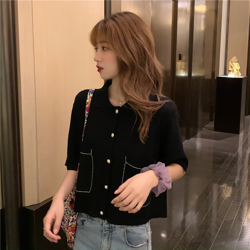 Áo Cardigan Dệt Kim Xiaozhainv Tay Ngắn Cổ Bẻ Dáng Rộng Phong Cách Hàn Quốc