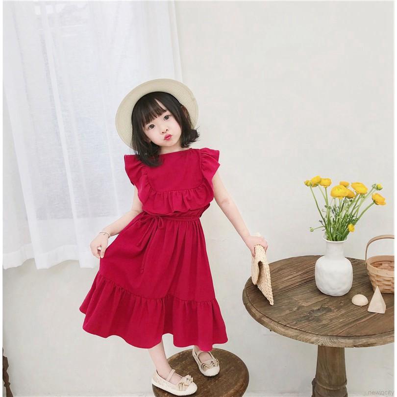 Đầm cotton sát nách màu trơn dễ thương cho bé gái