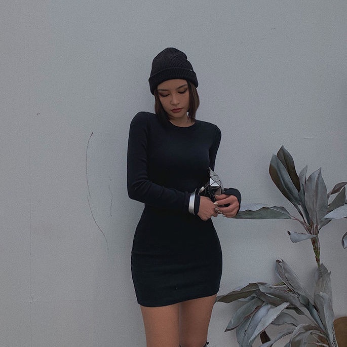 Đầm tay dài cổ tròn thiết kế ôm dáng phong cách Âu Mỹ 2021 quyến rũ thời trang dành cho nữ