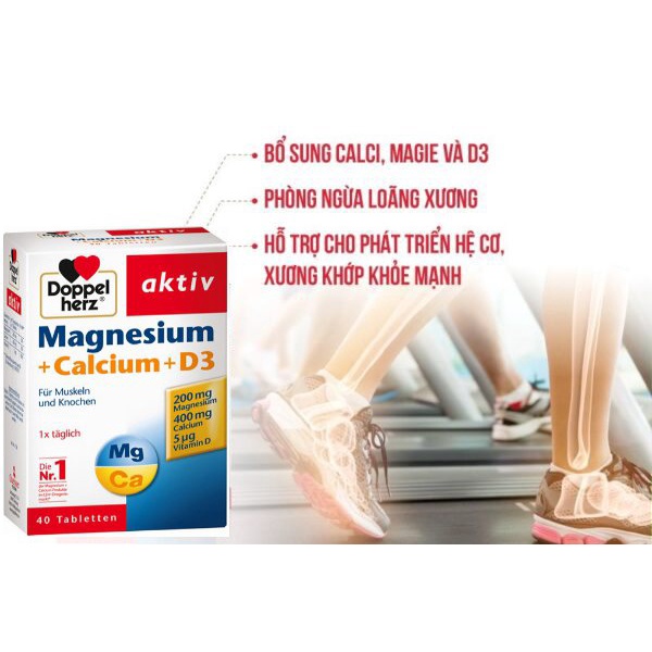 Viên uống bổ sung Canxi phòng ngừa loãng xương Doppelherz Magnesium + Calcium + D3 (Hộp 40 viên) -Nội Địa Đức