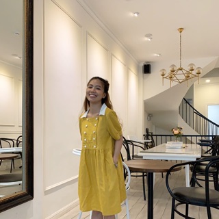 Đầm Linen cổ sơmi cách điệu hàng cúc