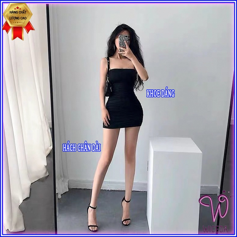 Váy 2 dây ôm body sexy thun gân dự tiệc Wiceda,đầm 2 dây trơn đen trắng chất mềm mịn VN301