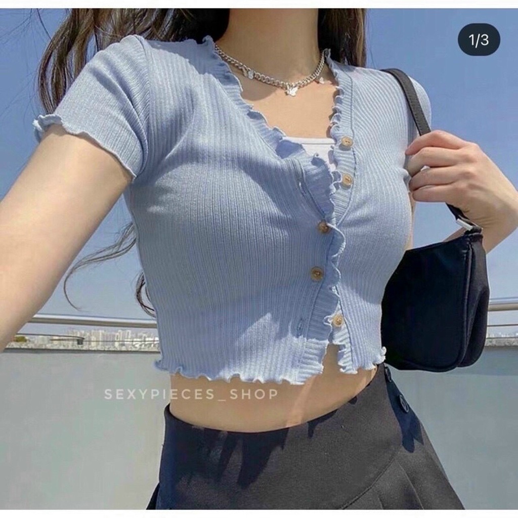 Áo Croptop Dệt Kim Tay Ngắn Thiết Kế Cổ Chữ V Quyến Rũ Chapi CP08 | BigBuy360 - bigbuy360.vn