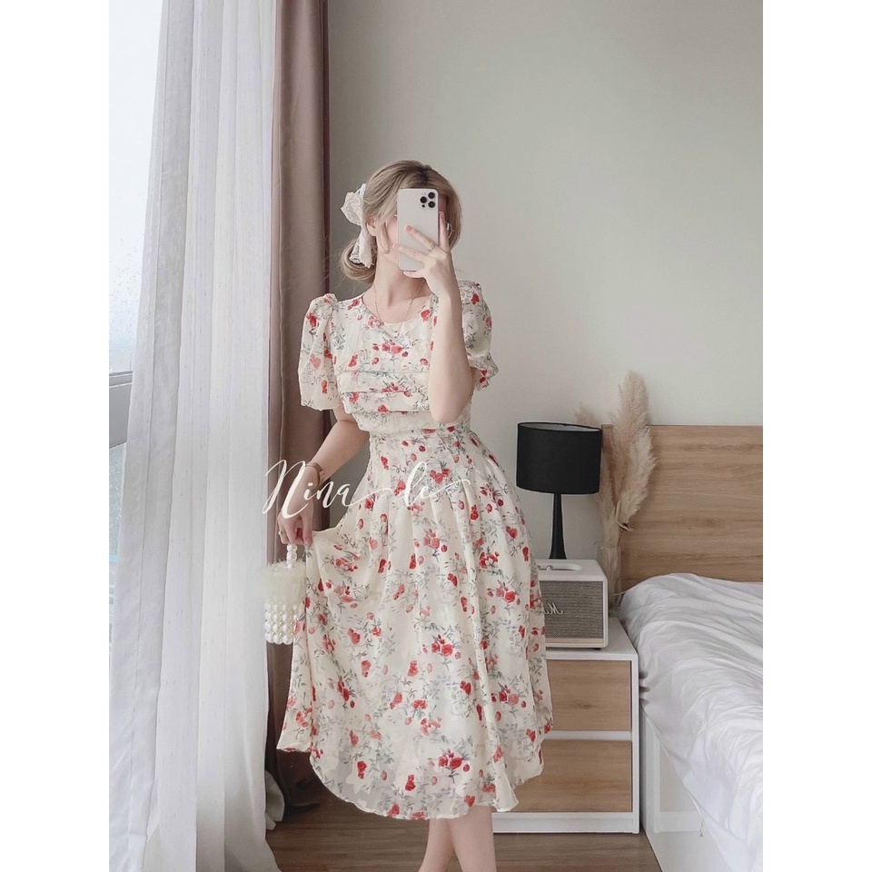 Đầm váy nữ maxi cổ tròn họa tiết hoa dễ thương phối chingfon 2 lớp trẻ trung sang trọng thanh lịch siêu xinh