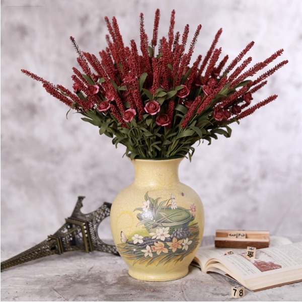 Cành Hoa Oải Hương Lavender Giả Kết Hợp Hoa Hồng (48cm, 1 cành 5 Nhánh) Decor, Trang Trí Phòng Siêu Đẹp