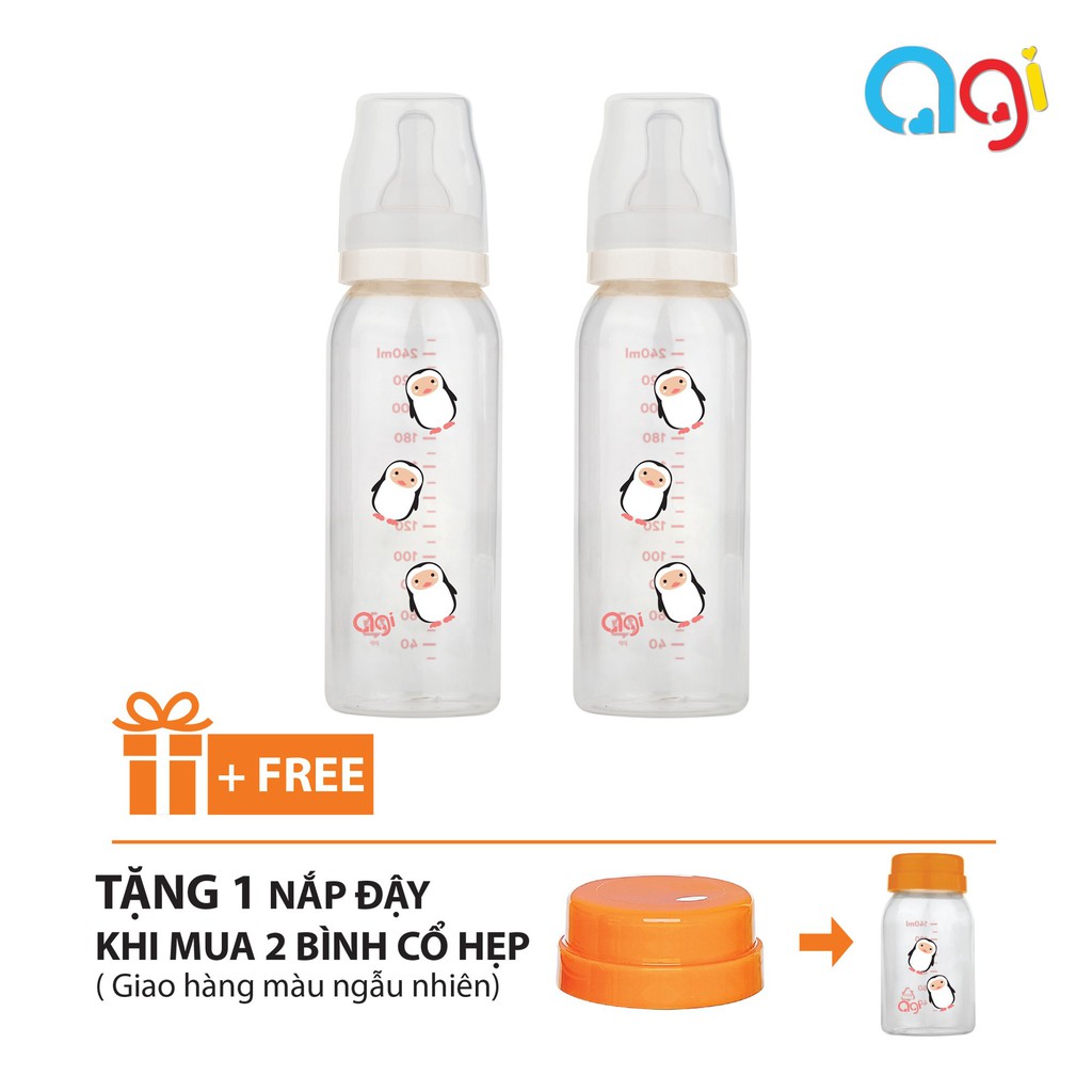 Bộ 2 Bình sữa PP Agi 250ml - TẶNG KÈM NẮP CỔ HẸP ( GIAO MẪU NGẪU NHIÊN )