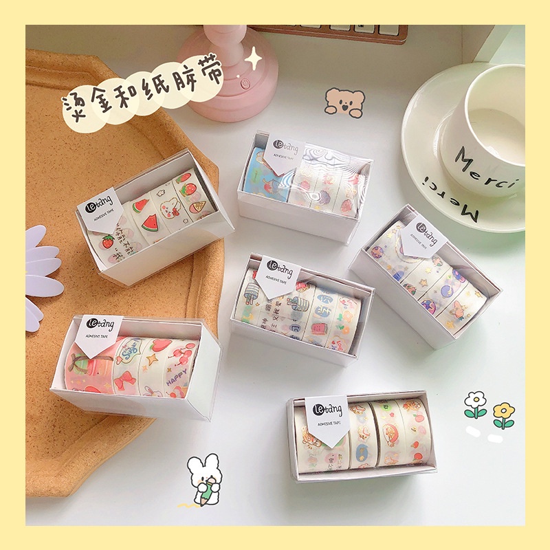 Set 5 cuộn băng keo adhesive tape xinh yêu dán trang trí sổ chất liệu PET, washi