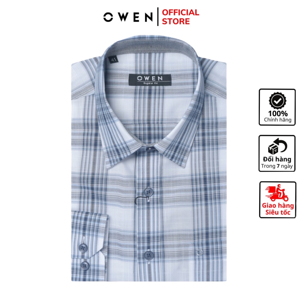 Áo sơ mi nam dài tay OWEN AR220141DT somi công sở vải sợi tre cao cấp kẻ caro xanhtrắng có túi dáng suông tà lượn có túi