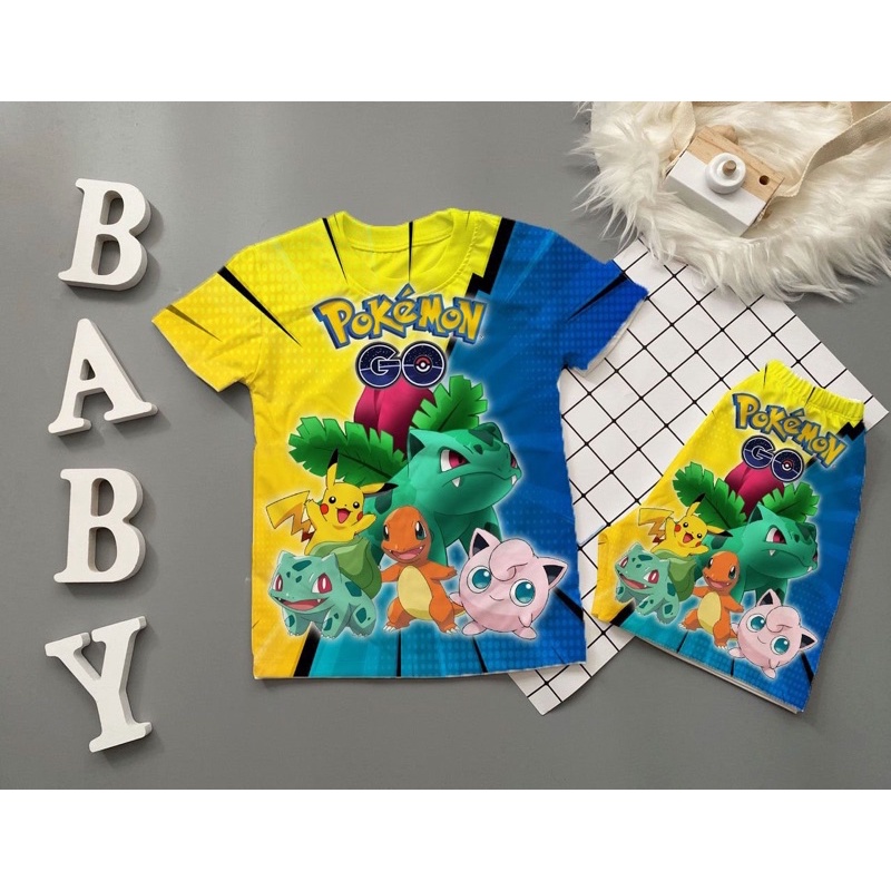 Bộ quần áo Pokemon bé trai bé gái thun lạnh thái in 3D 10-60kg
