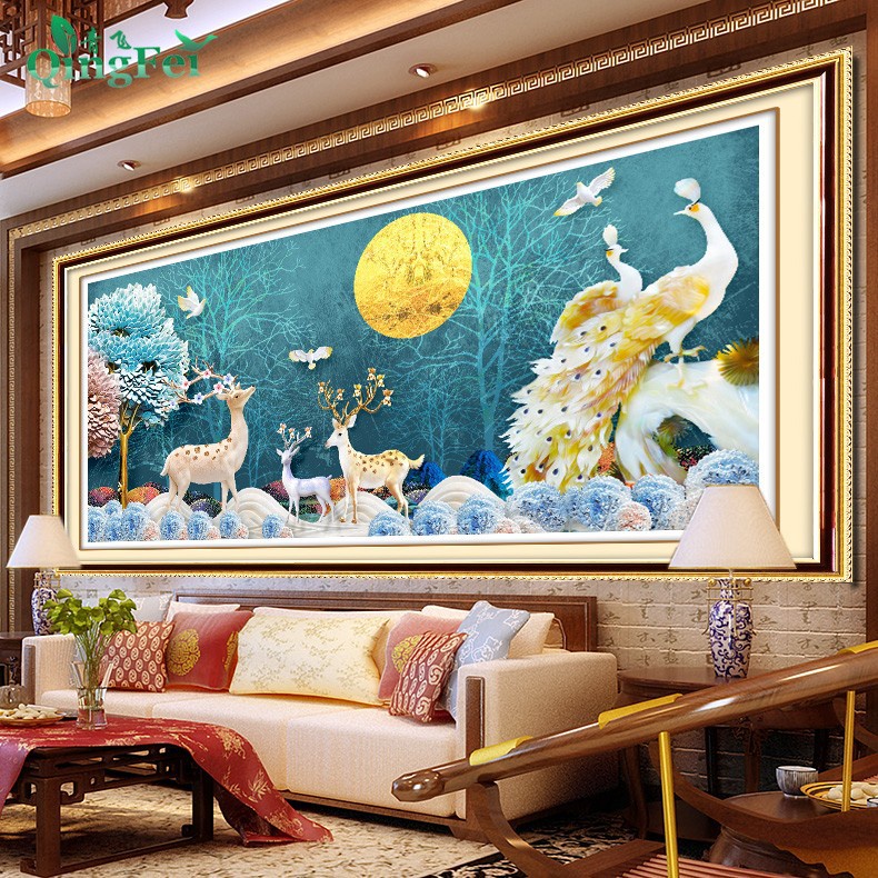 Tranh thêu chữ thập chỉ lụa nai tài lộc E77