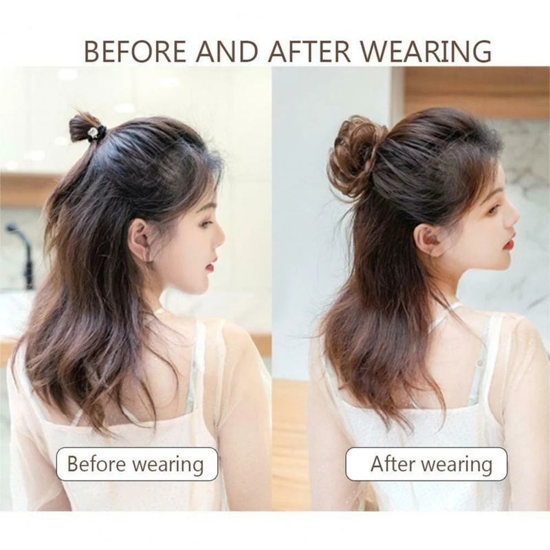 Kẹp tóc giả mini tạo búi tóc xoăn rối màu nâu đen tự nhiên bằng sợi cao su tổng hợp chịu nhiệt