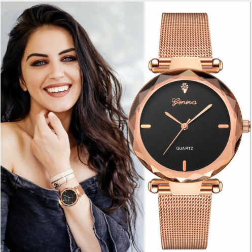 ĐỒNG HỒ NỮ DÂY LƯỚI GENEVA MẶT 3D D308 KHÓA CÀI SANG CHẢNH | BigBuy360 - bigbuy360.vn