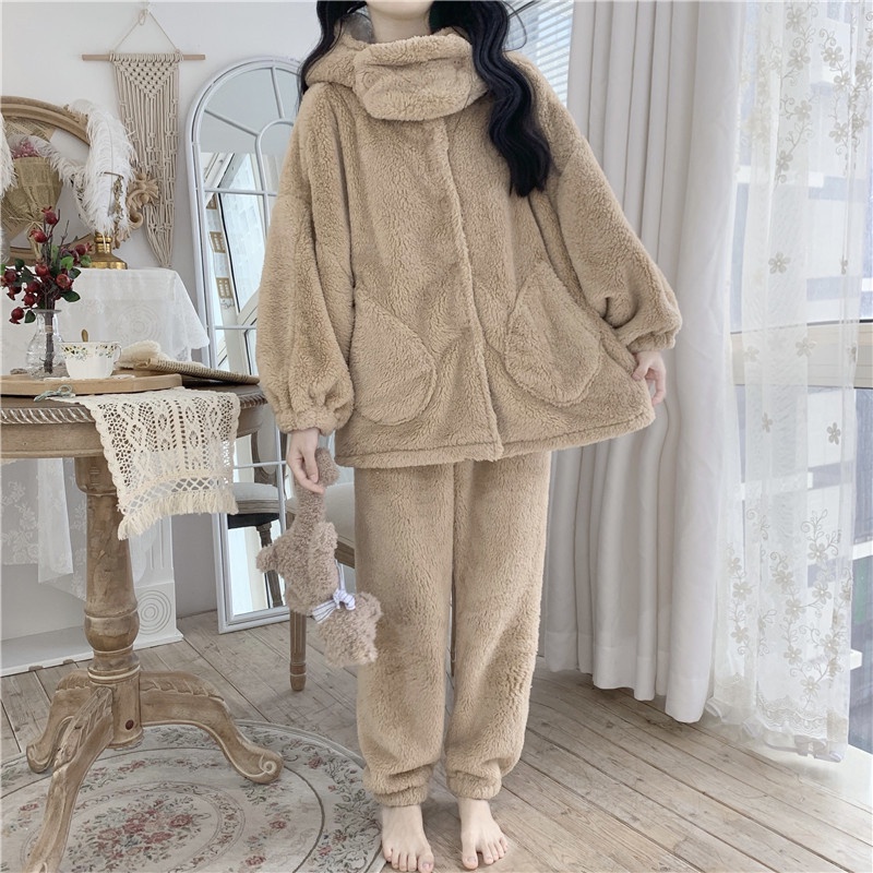 Bộ đồ ngủ mùa đông lông cừu giữ nhiệt tốt, nhung bông mềm mịn cho nữ siêu ấm, bộ mặc nhà nữ dày dặn có vòng cổ -THÔNGTHU | BigBuy360 - bigbuy360.vn