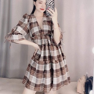 Váy babydoll caro nâu cổ V dáng xoè tiểu thư AH34