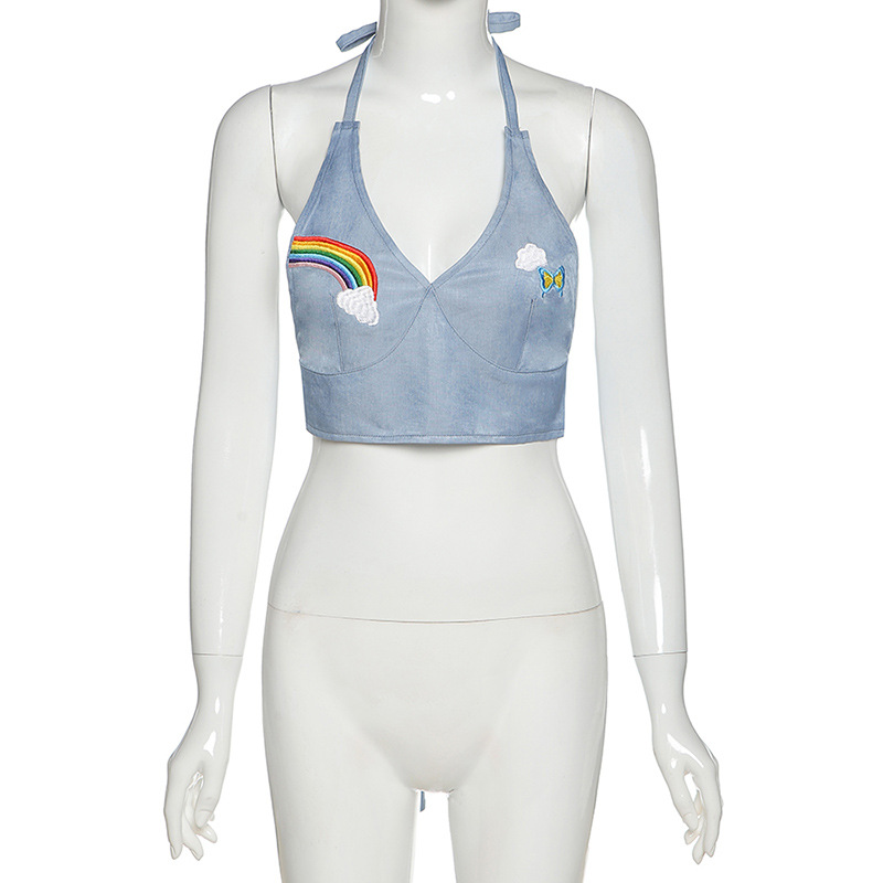 Fashion Women Sling Rainbow Print Lace Camisole Backless Casual Sexy Tank Top | BigBuy360 - bigbuy360.vn