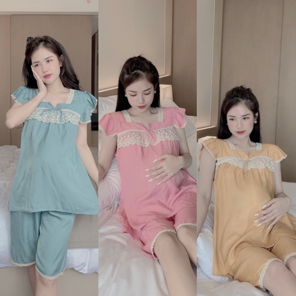 Bộ đồ bầu lửng chất đũi cổ bèo viền ren màu sắc tươi trẻ BL841