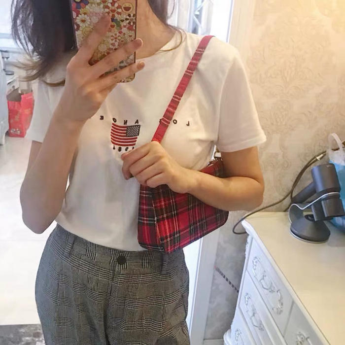 IELGY Túi đeo vai IELGY họa tiết caro phong cách Hàn Quốc thời trang vintage