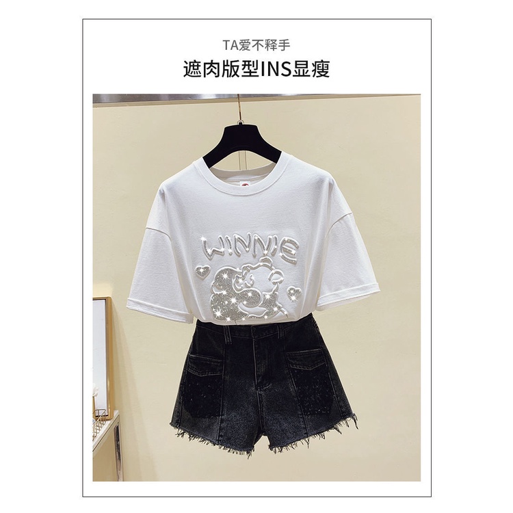 Áo Thun Nữ Ngắn Tay Cổ Tròn Đính Đá Thời Trang