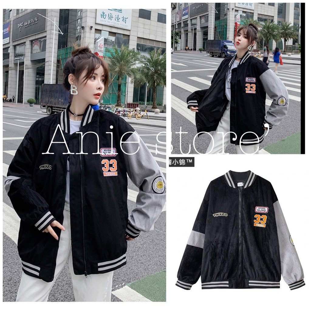 Áo Bomber Nhung Gân 33 🦋 Áo Khoác Sọc Phối Màu Thêu Chữ 🦋