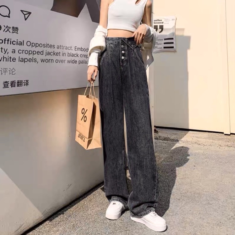 Quần jean ống rộng độ dài 103cm lưng gấp hai màu xám và xanh denim