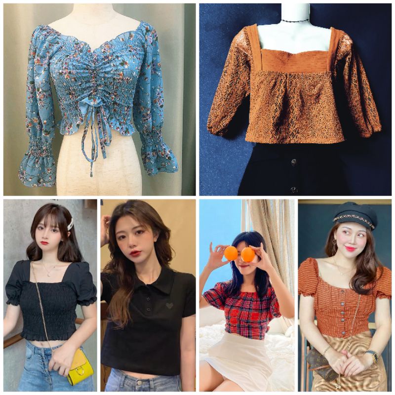 Nhiều mẫu Pass thanh lý áo croptop kiểu caro dây rút ren nhún bèo polo có cổ vuông thêu tim