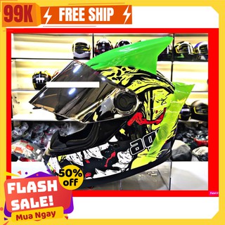 Combo nón FULLFACE AGU MONSTER quái vật XANH LÁ TƯƠI MÁT + SỪNG NHỌN + ĐUÔI GIÓ TẶNG balo ĐỰNG mũ