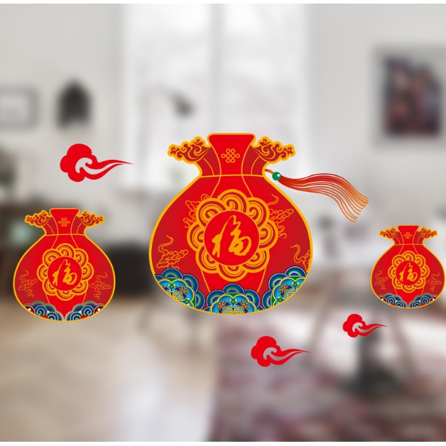Decal trang trí Tết - Tứi lớn 3 cái đỏ