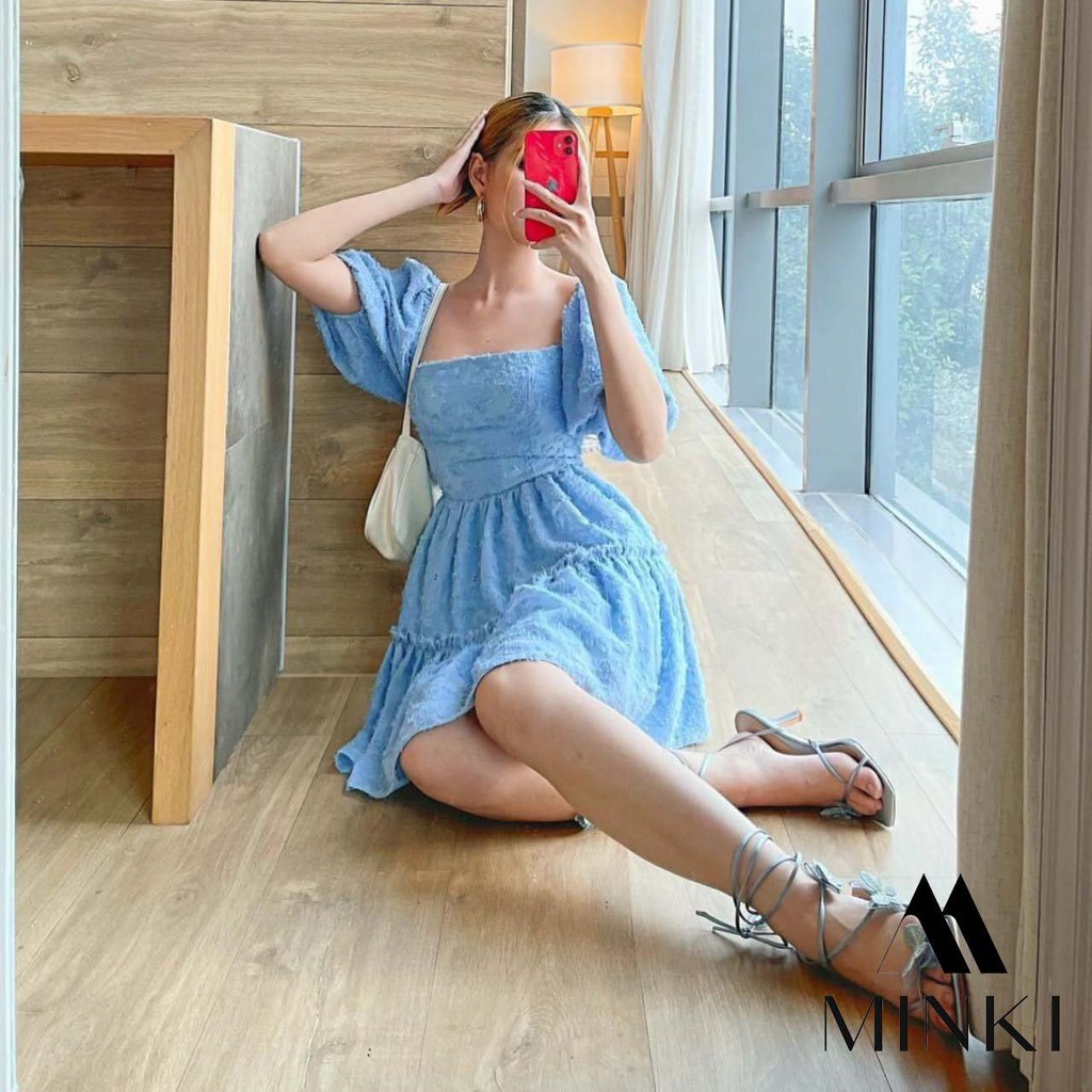 VÁY ĐẸP HÈ 2021 - VÁY CỔ VUÔNG HỞ LƯNG - COTTON VỎ LÔNG VŨ - MÀU XANH -[THIẾT KẾ] | BigBuy360 - bigbuy360.vn