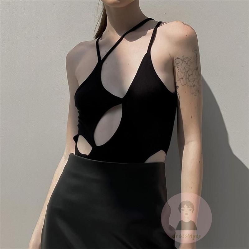 DRE-Women Irregular Backless Bodysuit,Ribbed Solid Color Spaghetti Strap Cutout Halter Bodysuit