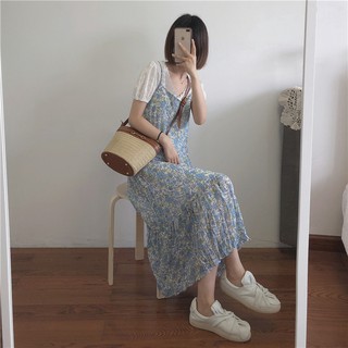 Váy yếm hoa nhí 2 lớp xanh dương pastel nhẹ nhàng