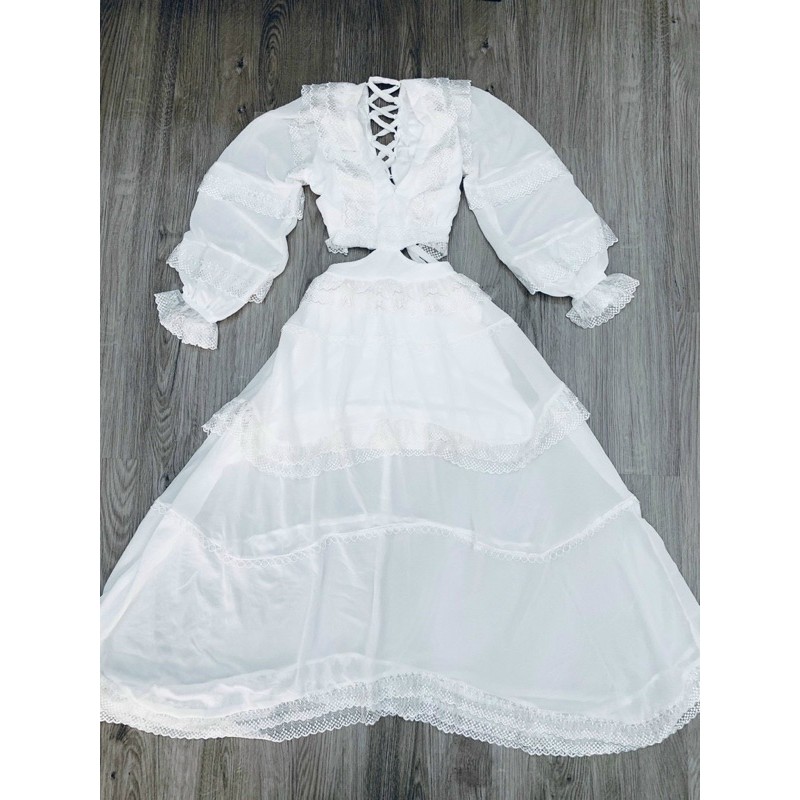Đầm maxi trắng phối ren đan lưng [ FREESIZE DƯỚI 55KG] nhẹ nhàng nữ tính | BigBuy360 - bigbuy360.vn