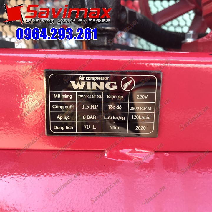 Máy nén khí dây đai hãng Wing, model TW-V-0.12/8 - 70L, công suất 1.5HP