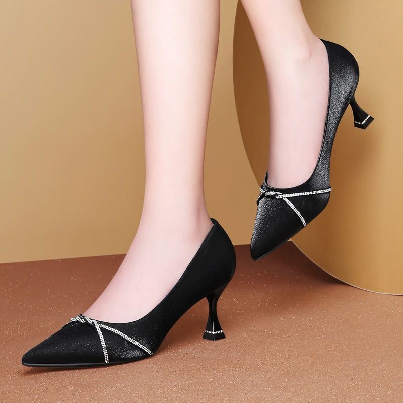 ﹉✈✵Spring and autumn new style rhinestone satin pointed red high heels women s shallow stiletto party dress single shoes