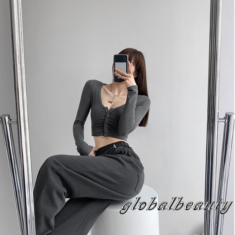Áo Croptop Dệt Kim Tay Dài Cổ Chữ V Màu Sắc Thanh Lịch
